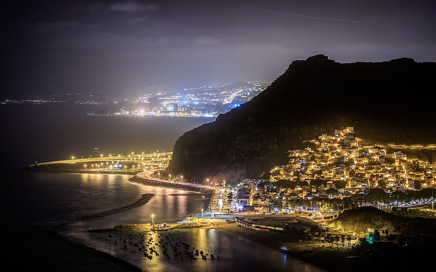 Tenerife, Canary Islands, Teide mountain, night, city lights, coast, North HD wallpaper