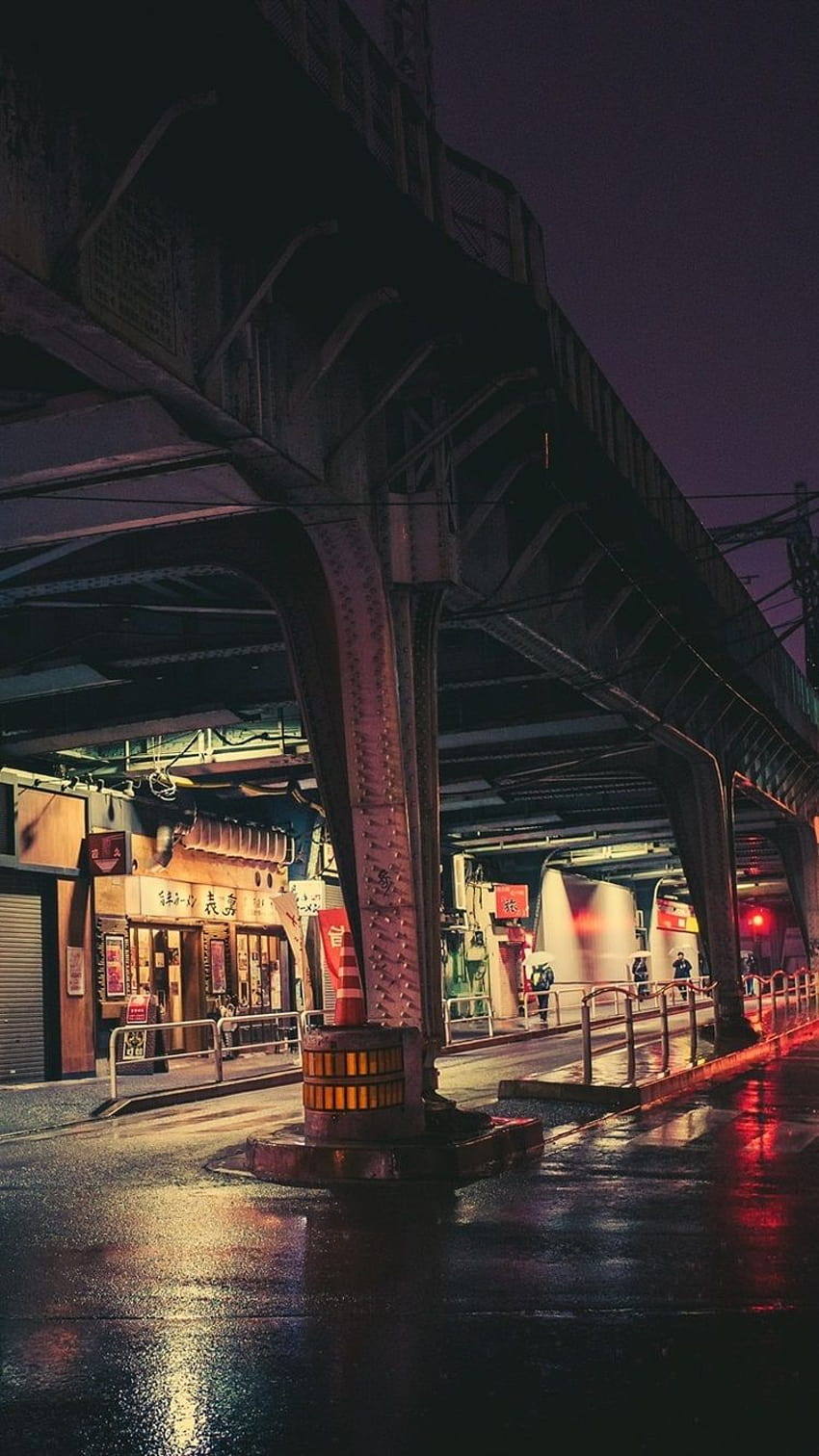 Nuit de la ville, Tokyo, Japon, rue, pont ferroviaire, lumières 750x1334, téléphone pont japonais Fond d'écran de téléphone HD