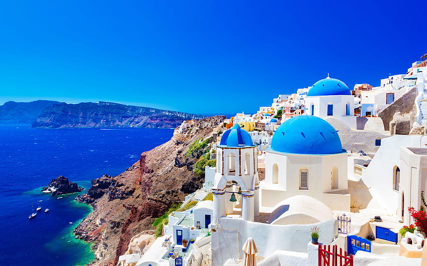 ギリシャの島、ティラ、夏、サントリーニ島、ギリシャ、pc 夏 高画質の壁紙