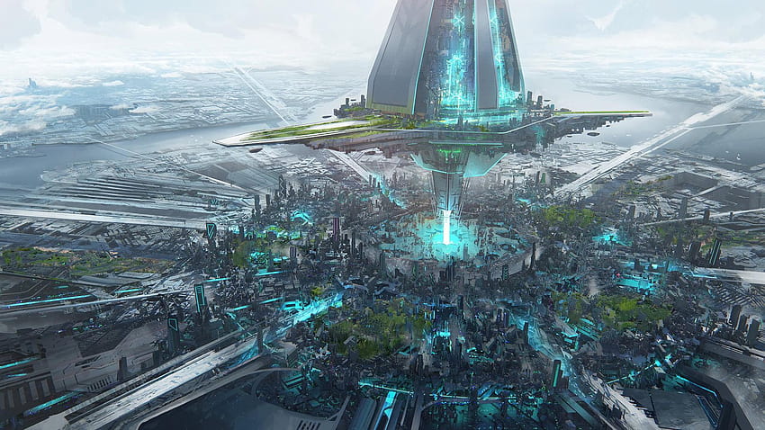 Grünes und blaues Stadtspiel, digitale Kunst, Science-Fiction, Wissenschaftsgebäude HD-Hintergrundbild