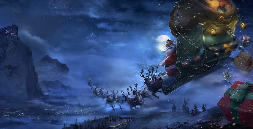Santa with Sleigh and Reindeers in the Sky Christmas Backgrounds, santas sleigh in the sky HD wallpaper