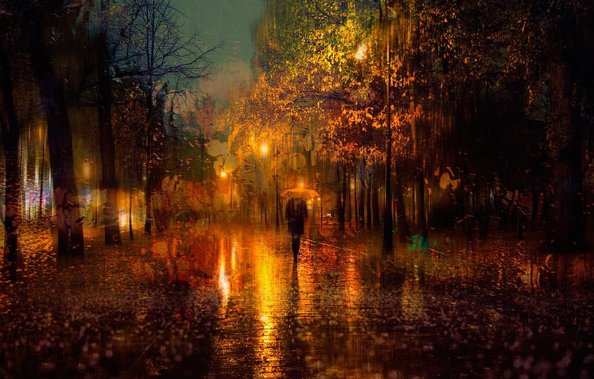 autunno, ragazza, città, luci, ombrello, pioggia, sera, San Pietroburgo, Russia , sezione настроения, pioggia cittadina autunnale Sfondo HD