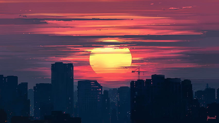1366x768 City Buildings Lunar Sunset 1366x768 Resolution, city anime sunset tower HD wallpaper