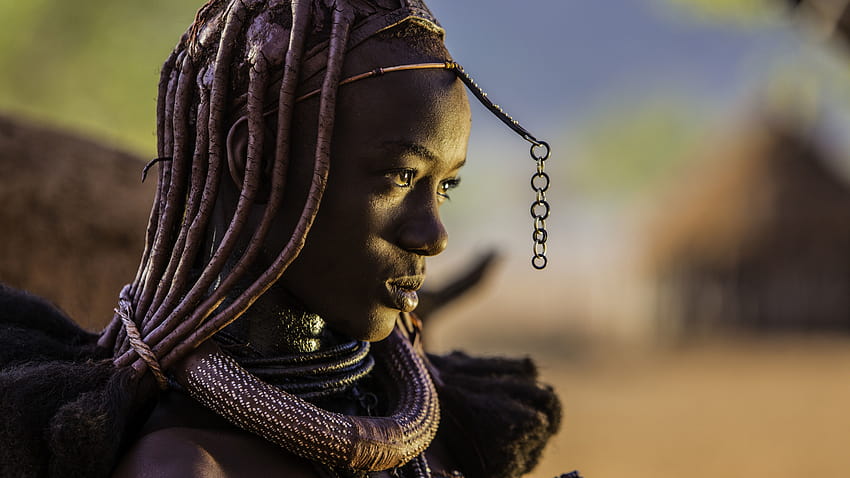 girl, girl, dark skin, portrait, African beauty, native dress, hair is coated in a paste of ocher and goat butter, Namibia's Himba tribe, section girls in resolution 2560x1440 HD wallpaper