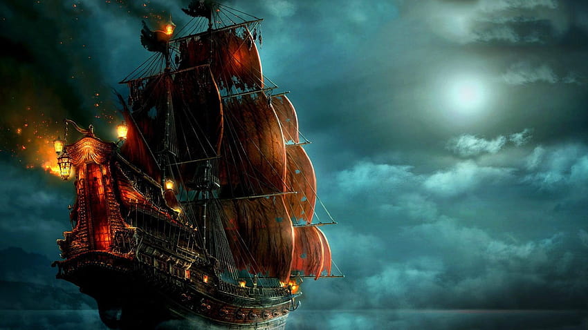 Кафяв галеонен кораб цифров, пирати, кораб, нощ, фантастични платна HD тапет