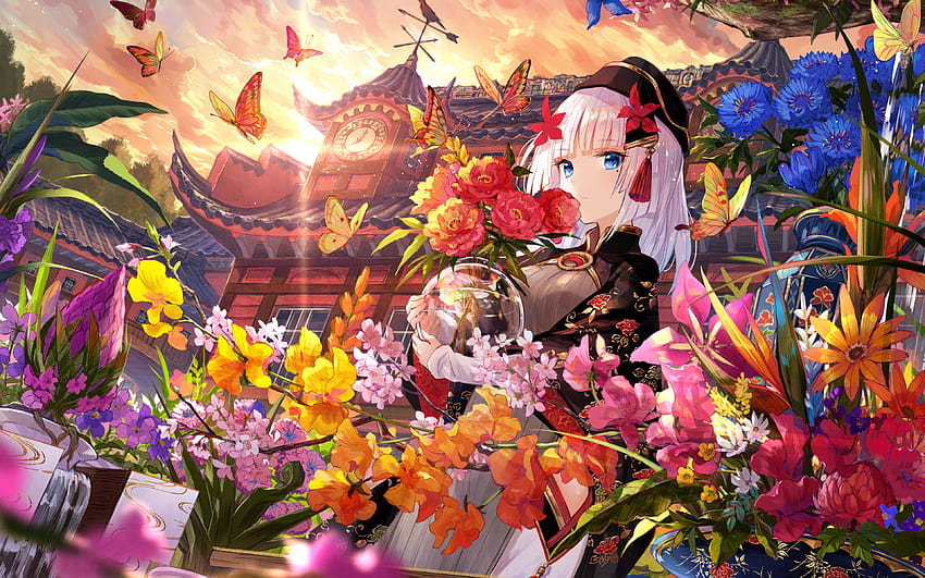 Anime Girl Butterfly Beautiful Flowers, anime flower spring fondo de pantalla