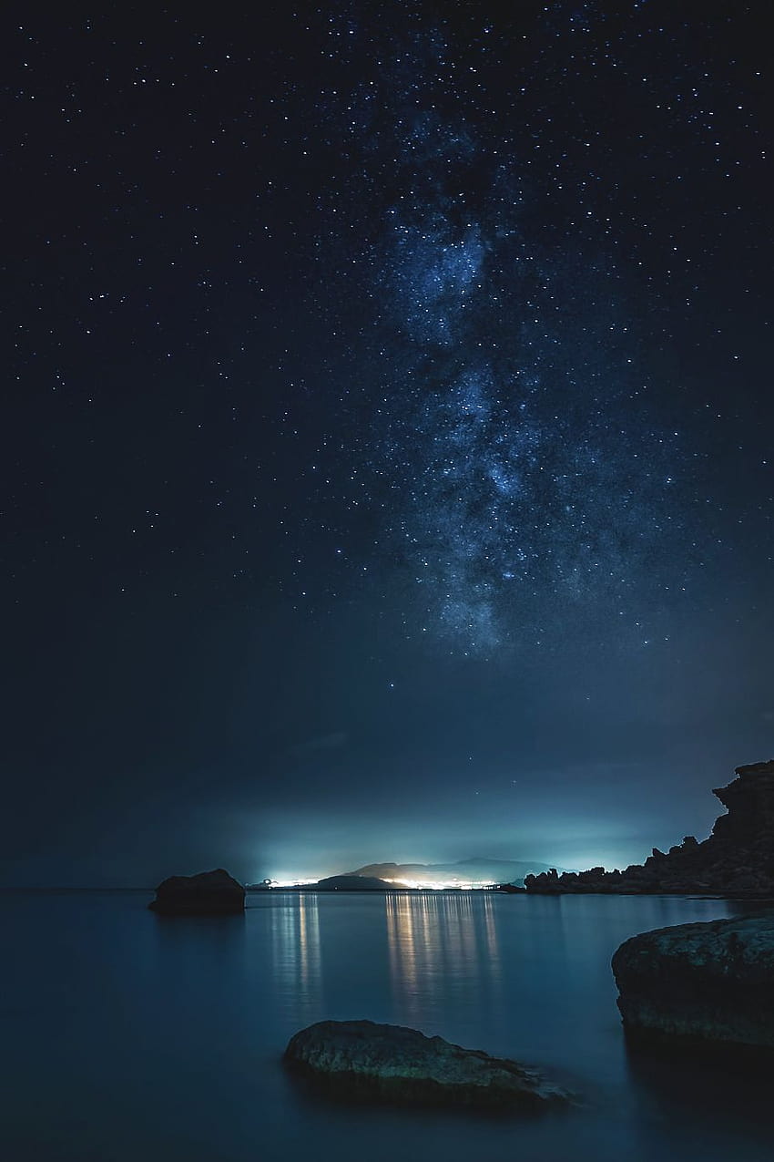 Night Stars Lake Stone Milkyway, stars mobile HD phone wallpaper