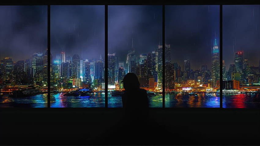Rainy Night City Windows Live, vue sur la ville sous la pluie Fond d'écran HD
