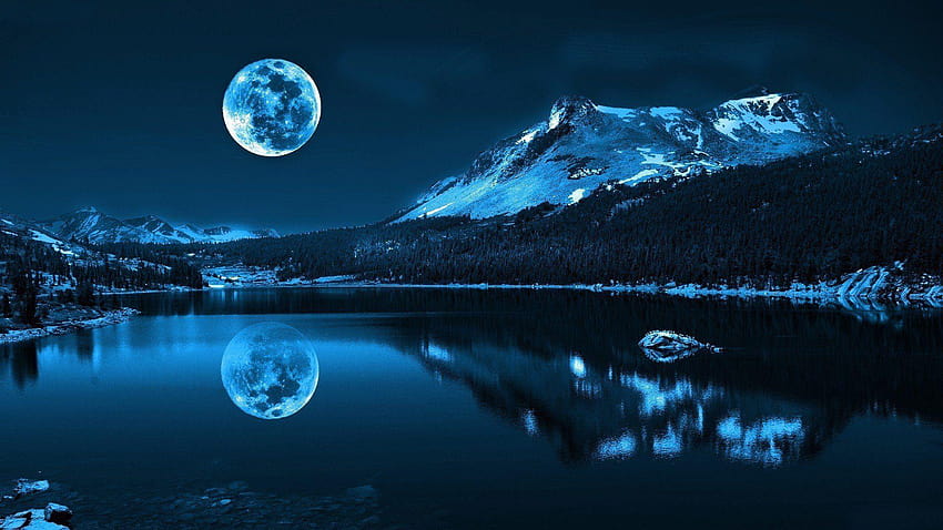 Lake View Moon Night, bulan malam Wallpaper HD