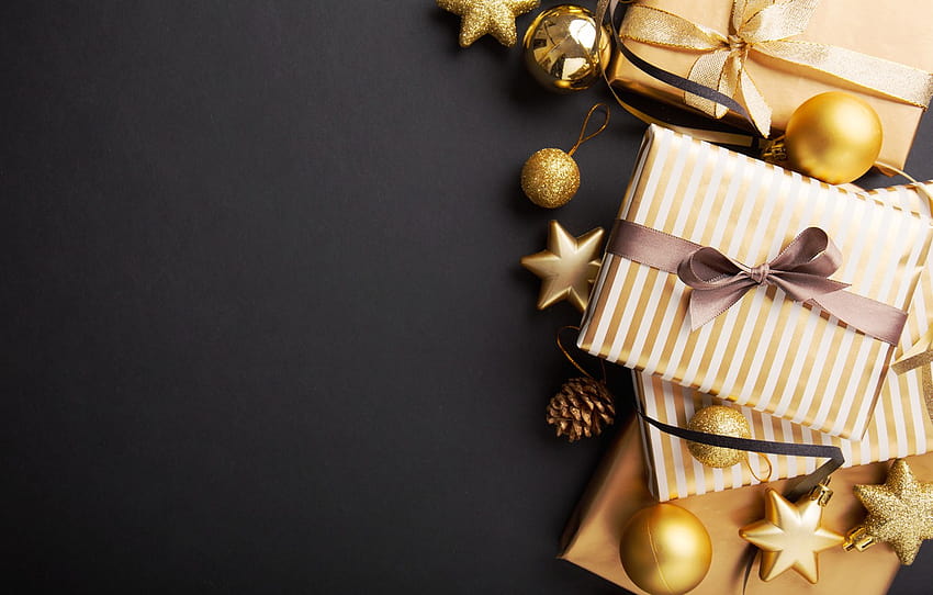 decoración, oro, bolas, Año nuevo, Navidad, regalos, dorado, negro, negro, Navidad, bolas, , Año nuevo, decoración, caja de regalo, Feliz, sección новый год, regalo de navidad dorado fondo de pantalla