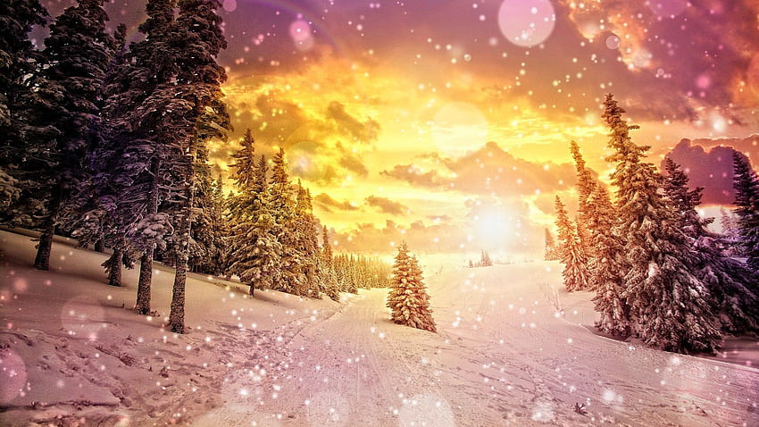 Art artistic cg digital nature landscapes mountains winter snow snowing flakes drops sparkle sky clouds sunset sunrise seasons, winter digital landscape HD wallpaper