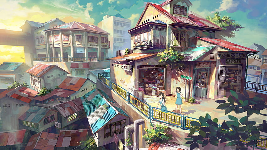 Anime Buildings, Summer, Girls, Clouds, Artwork, Sunset, hi res city anime landscape papel de parede HD