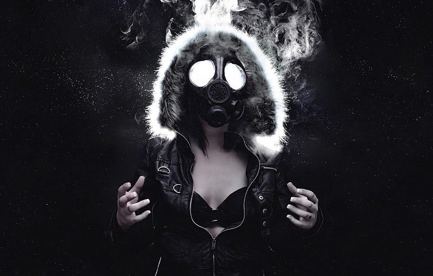 menina, espaço, estrelas, fumaça, jaqueta, capuz, máscara de gás, anime girl mask preto e branco papel de parede HD