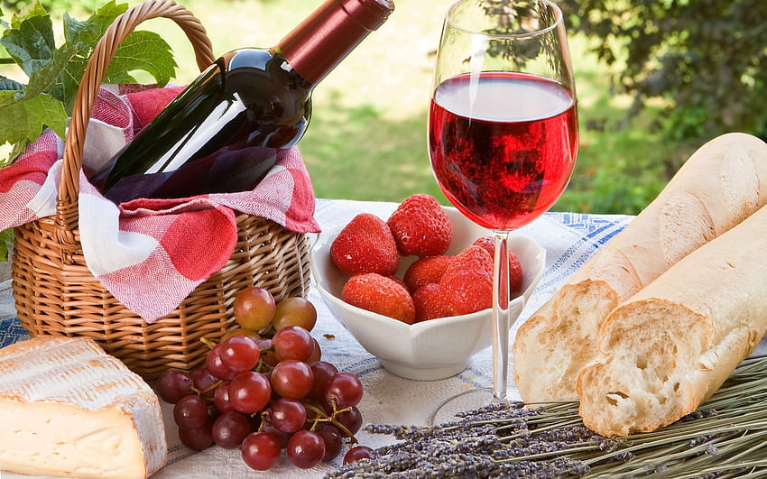 Outdoor, Picnic, Bread, Cake, Strawberries, bread and wine HD wallpaper