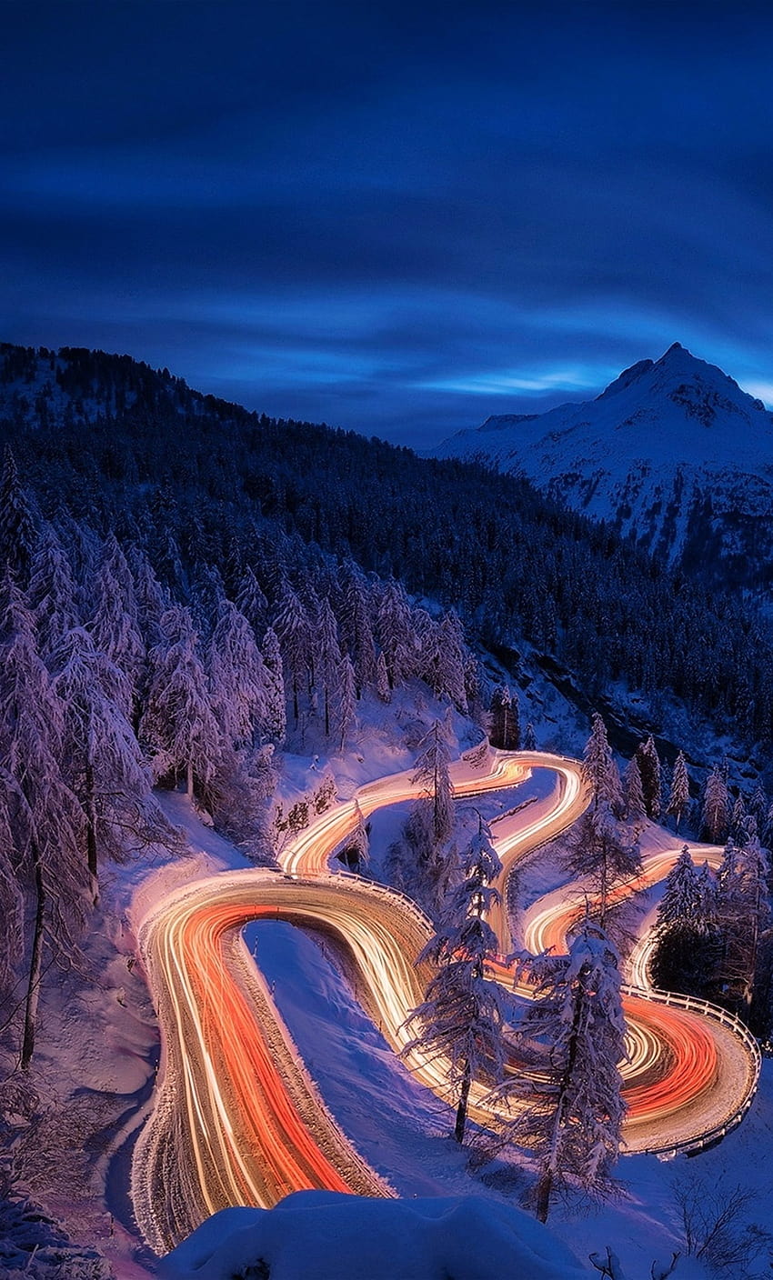1280x2120 Time Lapse graphy Forest Landscape Mountain Night Road Snow iPhone , Backgrounds, and, winter night road HD phone wallpaper