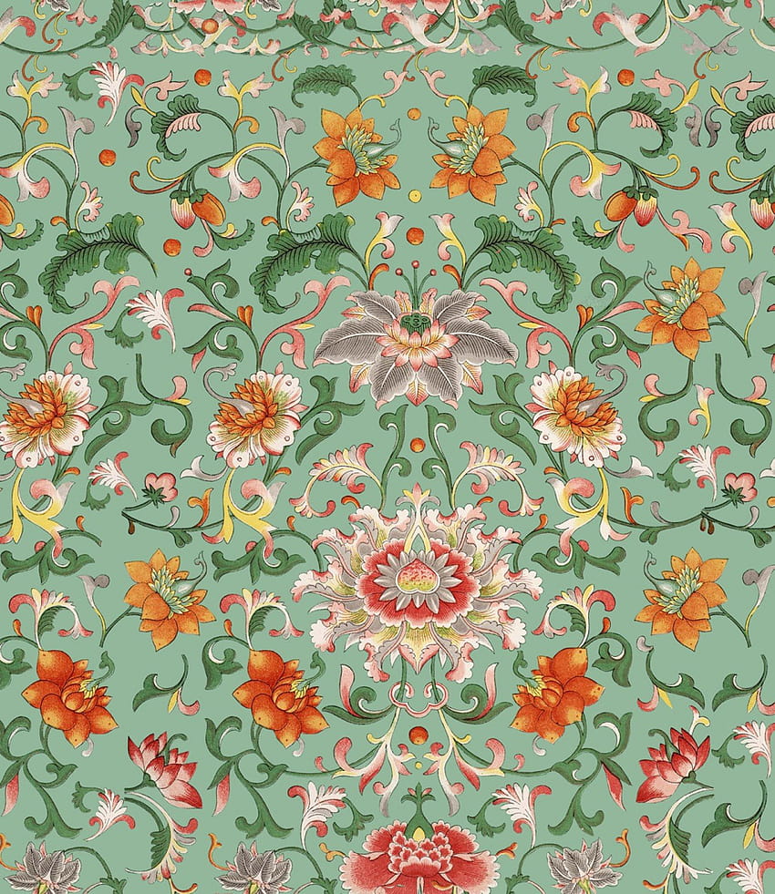 Sample Chinese Floral in Green and Orange from the Eclectic – BURKE DECOR, yellow green flower art HD phone wallpaper