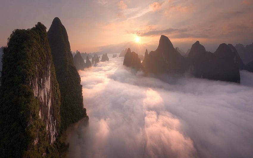 2840437 natura paesaggio alba montagna nebbia nuvole Cina, alba di montagna Sfondo HD