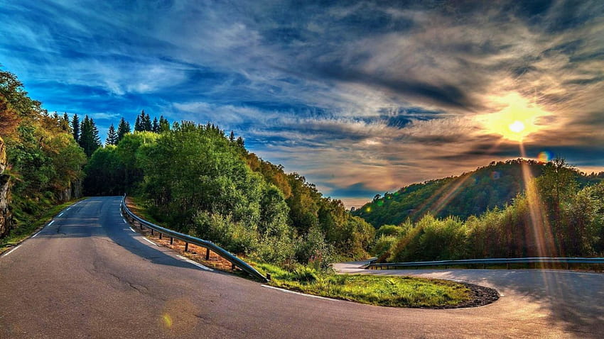 Mountains cloufs trees nature winding road green mountain HD wallpaper