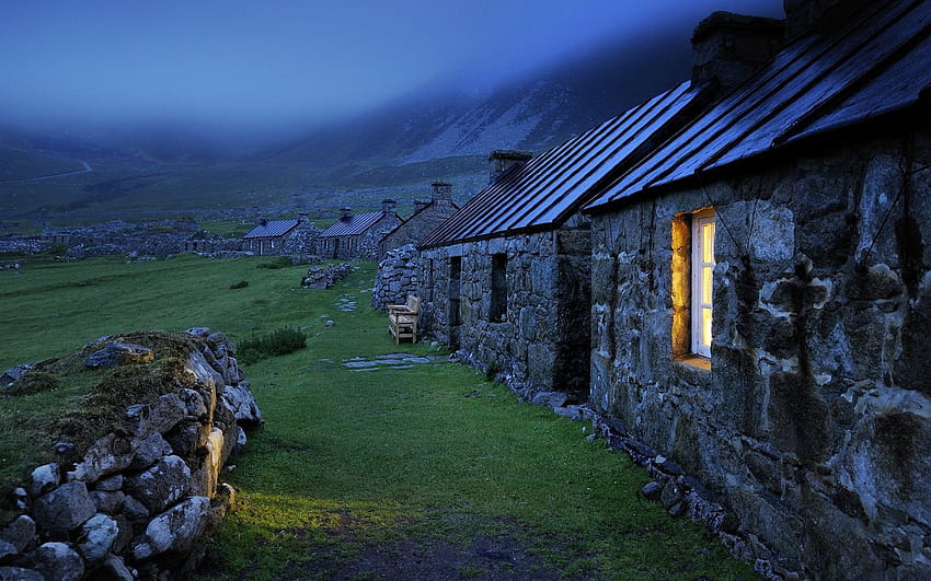 Landscapes houses rocks mist Scotland window panes stone houses HD wallpaper
