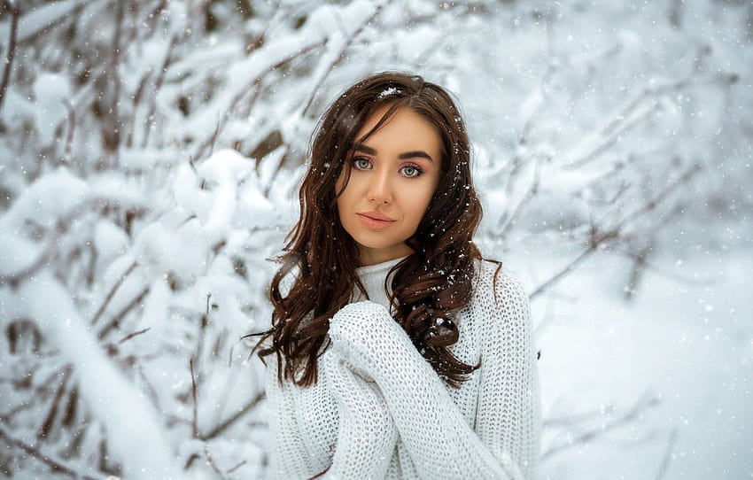 winter, look, snow, trees, snowflakes, nature, pose, model, portrait, makeup, hairstyle, brown hair, is, jacket, in white, bokeh , section девушки, winter pose HD wallpaper