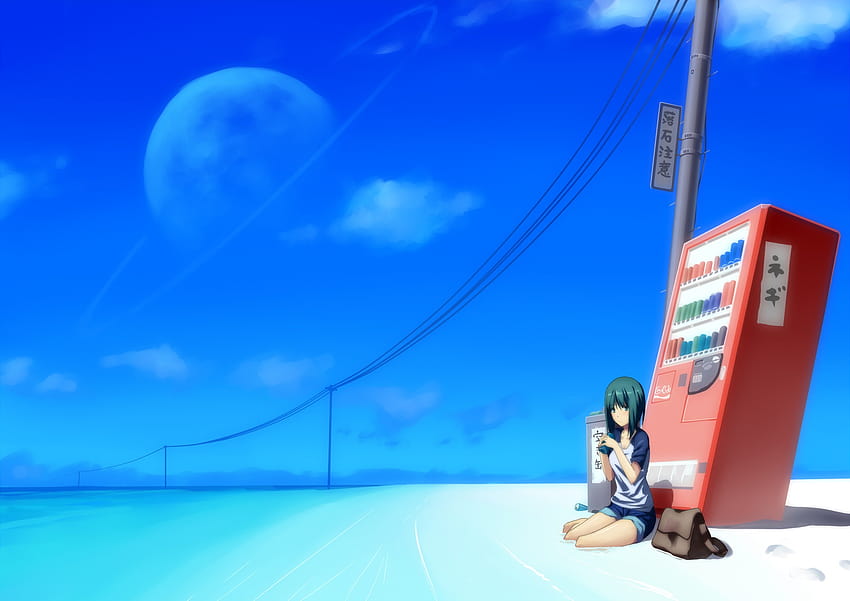 : anime girls, planet, sky, blue, wind, planetary rings, sailing, vending machine 2000x1414, anime vending machine HD wallpaper