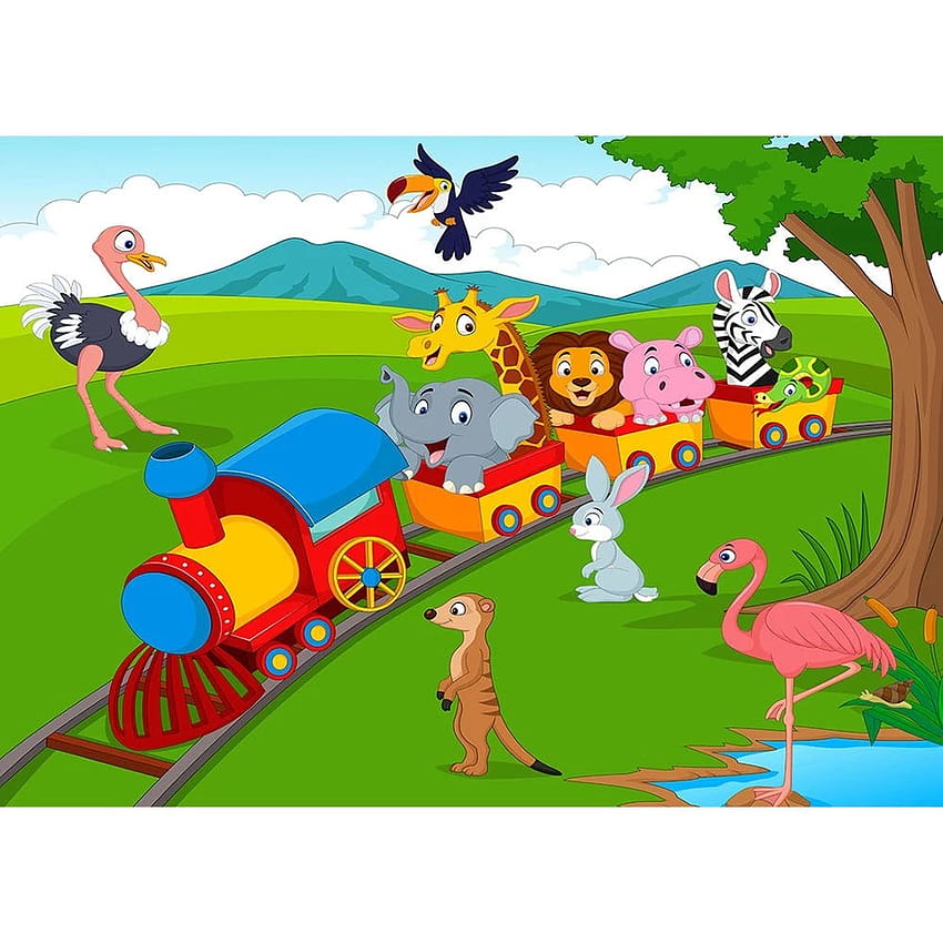 Tło graficzne Safari Park zwierzęta kreskówkowe pociąg winylowe tła dla dzieci dzieci Birtay Party call lubiący, safari cartoon Tapeta na telefon HD