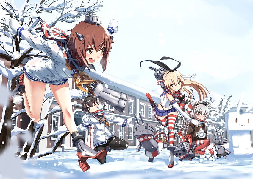 : anime girls, snow, cartoon, Kantai , Shimakaze Kancolle, Amatsukaze Kancolle, Rensouhou chan, Tokitsukaze KanColle, Yukikaze KanColle 1416x1000 HD wallpaper