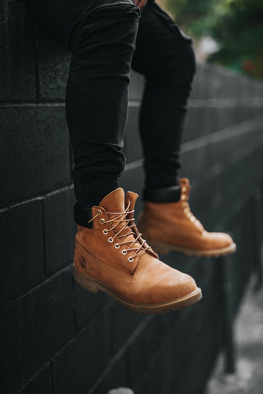 person wearing pair of brown Timberland leather work boots, timberland phone HD phone wallpaper