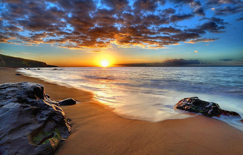 sand, sea, beach, the sky, the sun, landscape, sunset, ocean dawn HD wallpaper