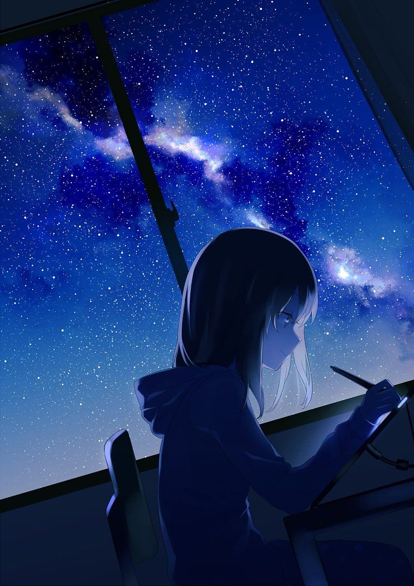 Аниме пейзаж Тъжно аниме момиче Нощно небе, нощни аниме момичета HD тапет за телефон