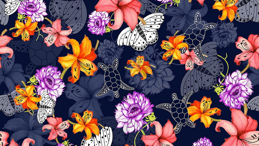 1600x900 pattern, flowers, butterflies, turtles 16:9 backgrounds, spring turtles HD wallpaper