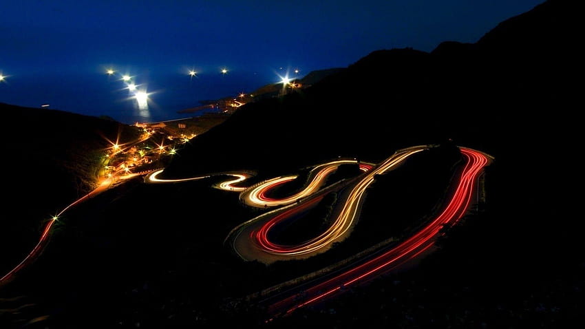 Hillside long exposure nightlights nighttime roads, night time HD wallpaper