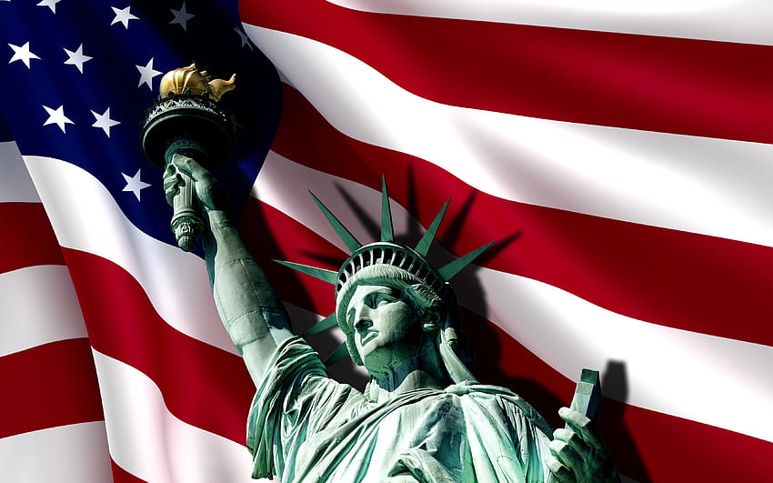 Statue de la liberté, drapeau américain, art 3d, drapeau de l'Amérique, symboles des États-Unis, Amérique, États-Unis, drapeau américain avec résolution 3840x2400. Haute qualité Fond d'écran HD