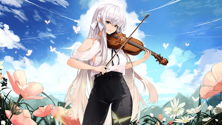 Anime girl playing the violin, anime violin HD wallpaper