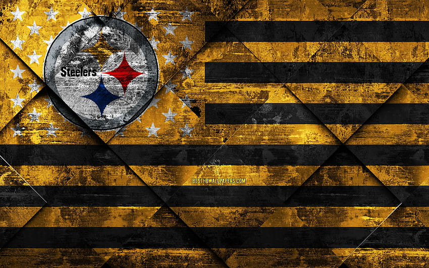 Pittsburgh Steelers, Clube de futebol americano, arte grunge, textura grunge, Bandeira americana, NFL, Pittsburgh, Pensilvânia, EUA, National Football League, Bandeira dos EUA, Futebol americano com resolução 3840x2400. Alta qualidade papel de parede HD
