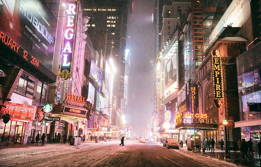 invierno, carretera, máquina, noche, la ciudad, luces, gente, calle, edificio, Nueva York, rascacielos, letreros, Estados Unidos, Manhattan, Manhattan, NYC, sección город, calles de invierno de nueva york fondo de pantalla