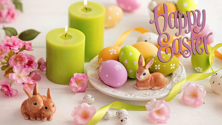 Happy Easter Eggs Bunny Candle Dinner Cute, cute bunny with eggs HD wallpaper
