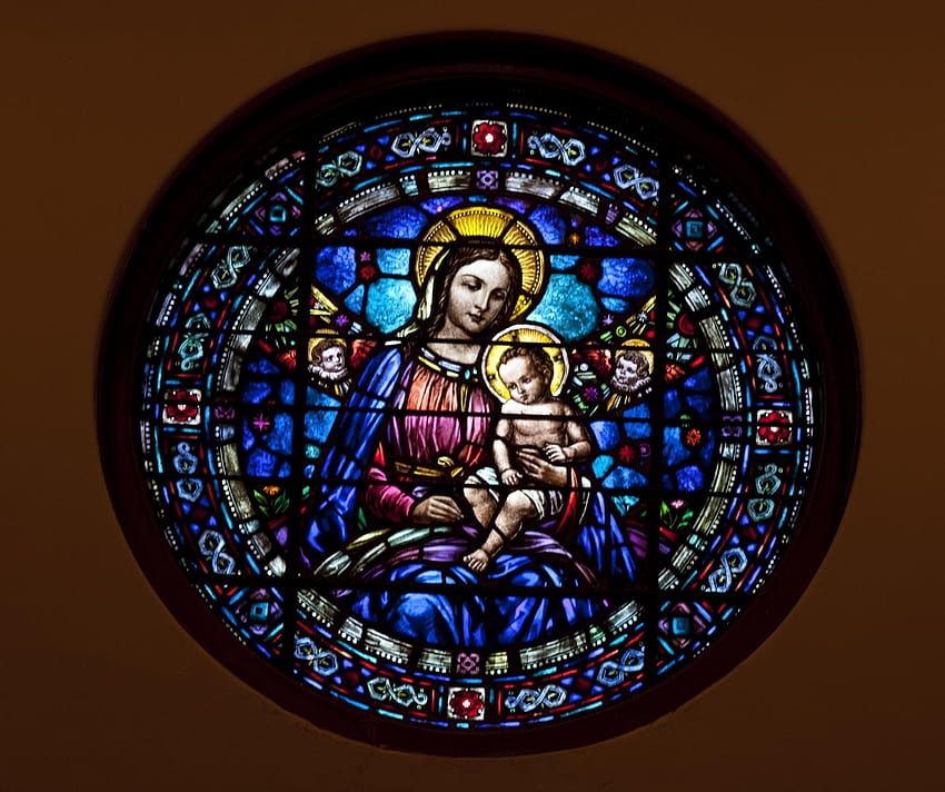 Vitrail, fenêtre, vierge marie, bébé jésus, église, mère marie enfant jésus noël Fond d'écran HD