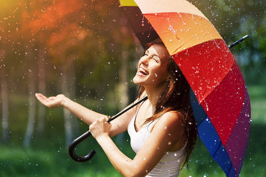 women, rain, rainbows, umbrellas ::, women in rain HD wallpaper