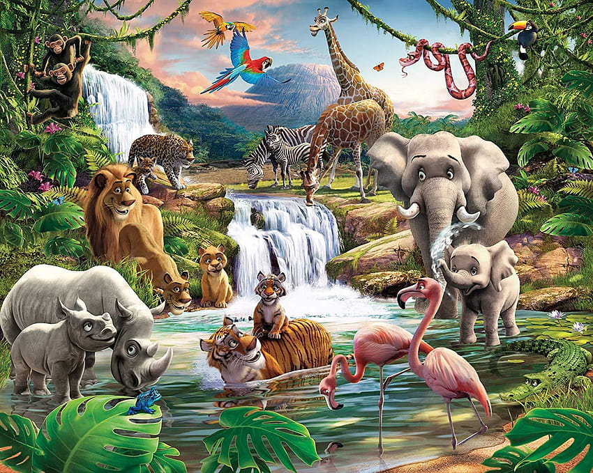 Стенопис Walltastic Jungle Adventure 8 фута x 10 фута, сафари в джунглата HD тапет