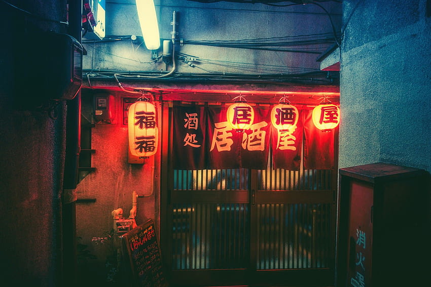: Japón, ciudad, noche, rojo, pueblo, bar, señal de neón, color, oscuridad, Señalización 2048x1365, Japan red fondo de pantalla