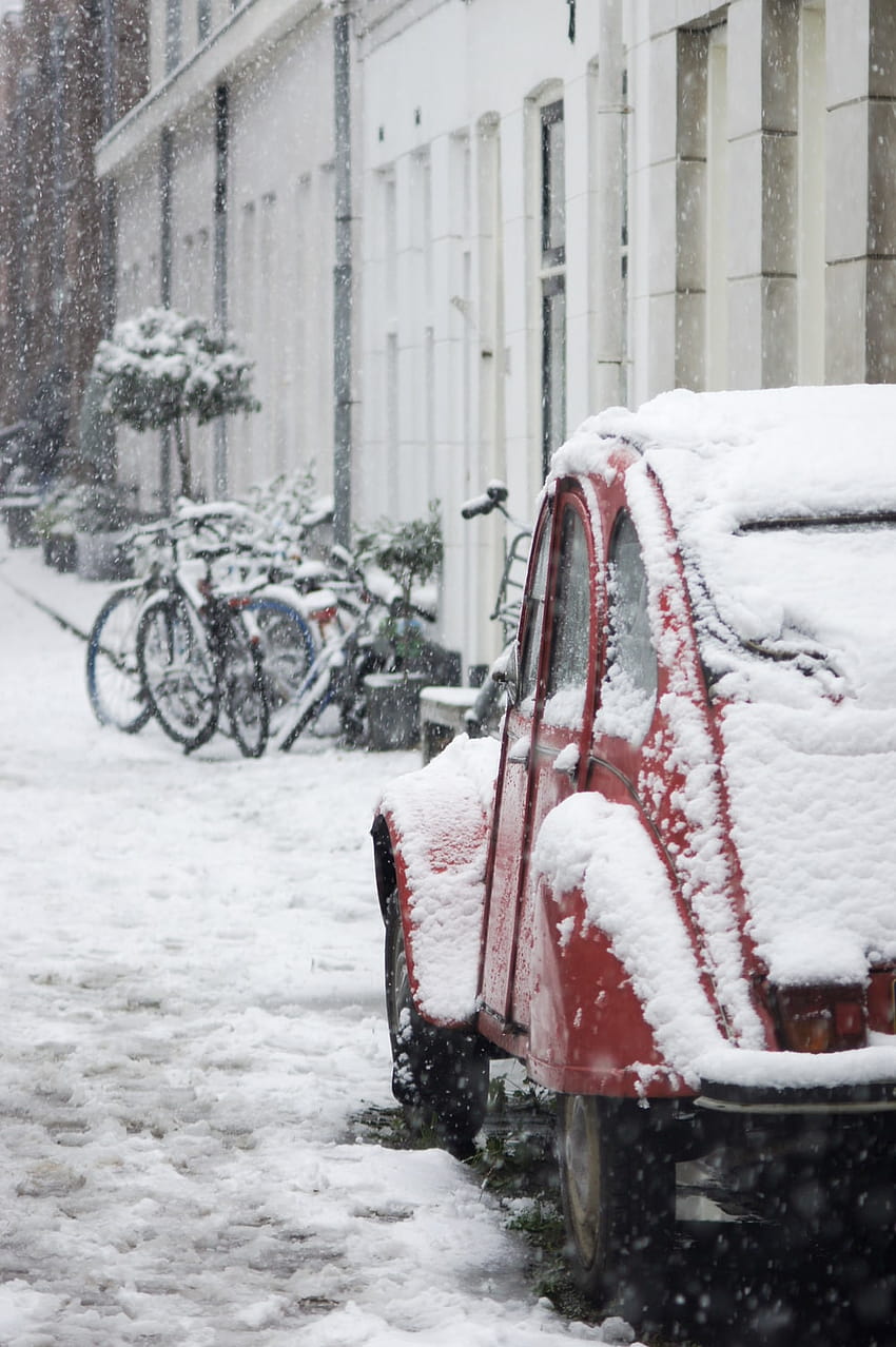 red Volkswagen beetle covered with snow – Amsterdam on, winter volkswagen HD phone wallpaper