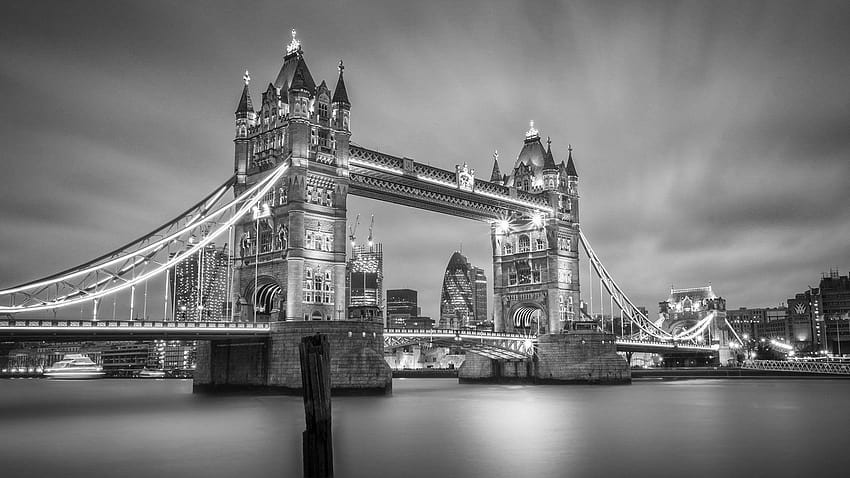 Тауър Бридж Нощен мост Лондон Светлини BW, мост черно и бяло HD тапет