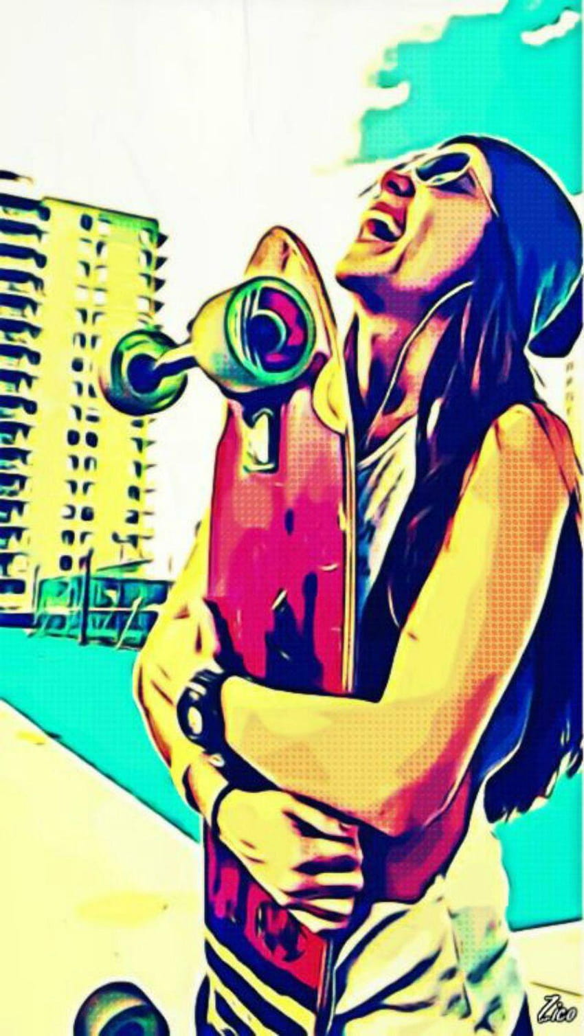 : illustration, digital art, women, cartoon, skateboard HD phone wallpaper