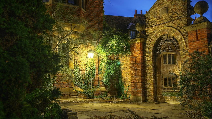 : sunlight, trees, lights, window, night, architecture, nature, plants, bricks, house, lantern, England, evening, R, arch, old building, church, tiles, UK, cathedral, monastery, gates, cottage, estate, autumn, flower, lamps, 1920x1080 px, old place HD wallpaper