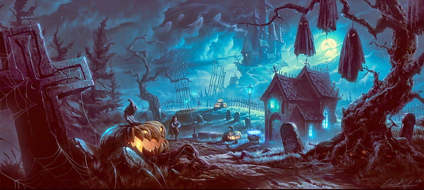 Halloween scary horror nights scarecrow pumpkin haunted house, halloween ghosts HD wallpaper
