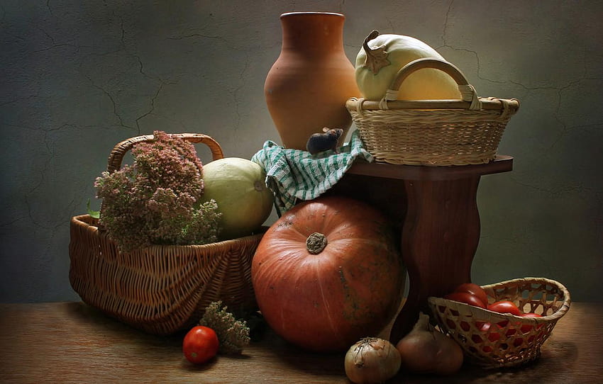 pumpkin, pitcher, still life, vegetables, baskets, pumpkins and basket HD wallpaper