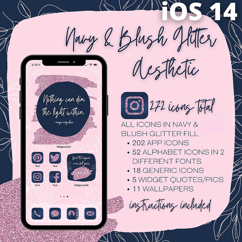 MISE À JOUR iOS 14 Navy & Blush Glitter Aesthetic, 272 icônes d'application, 5 citations de widget, 11 Fond d'écran de téléphone HD