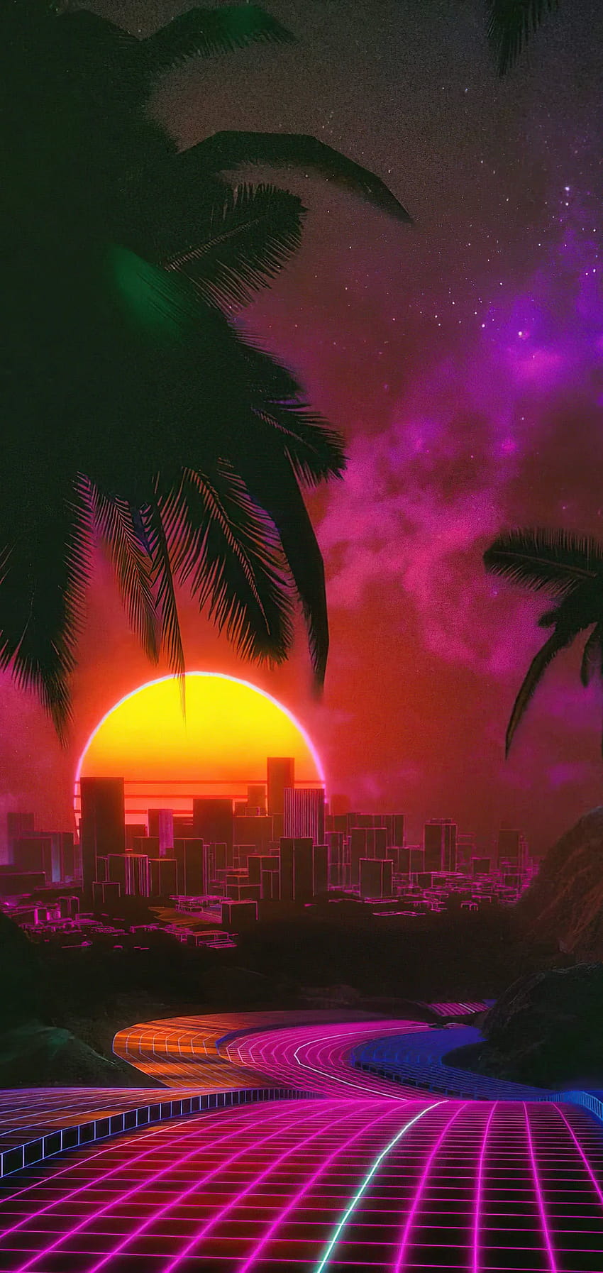 retrowave tree sunset HD phone wallpaper