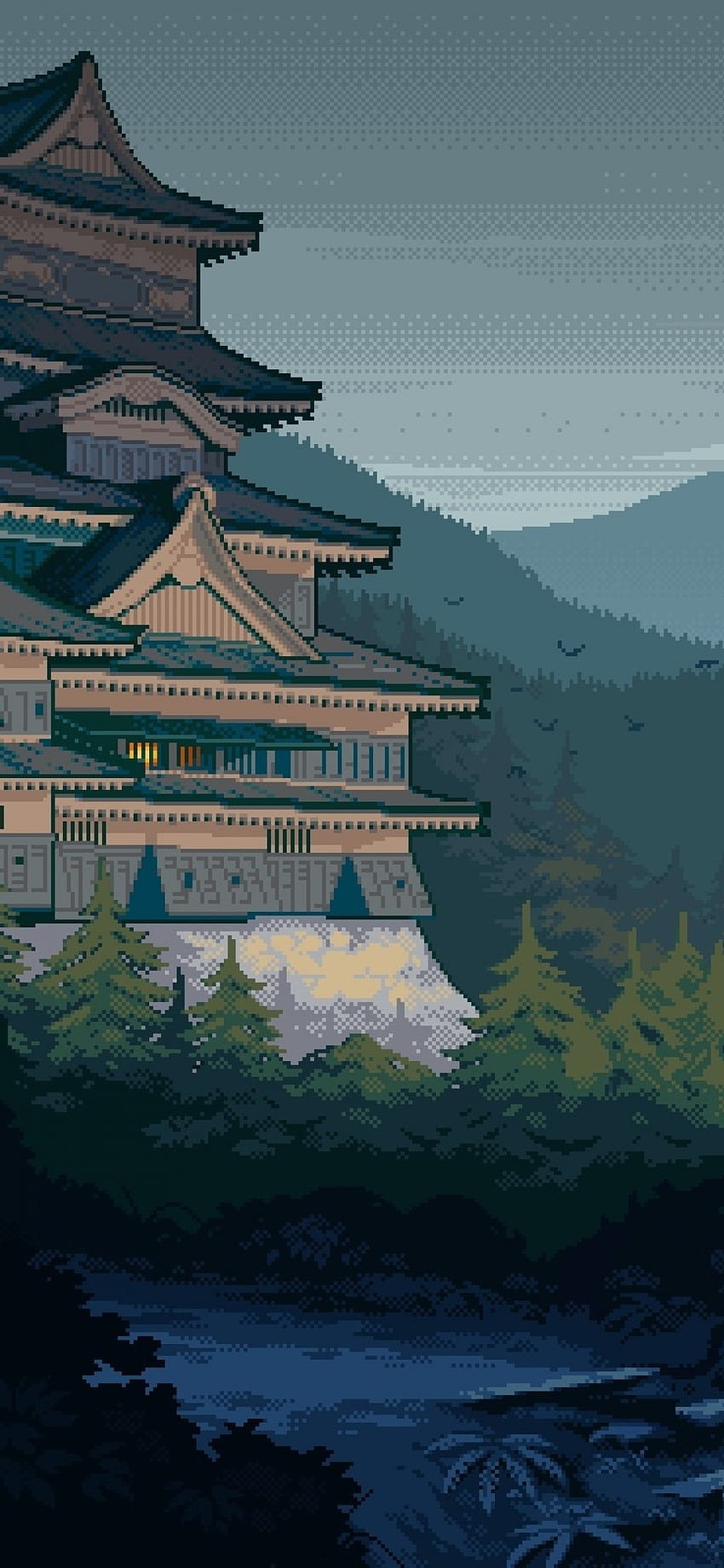 1242x2688 Japanese House, Historical Building, Pixel Art, Mountain for iPhone 11 Pro Max & XS Max, pixel art phone HD phone wallpaper